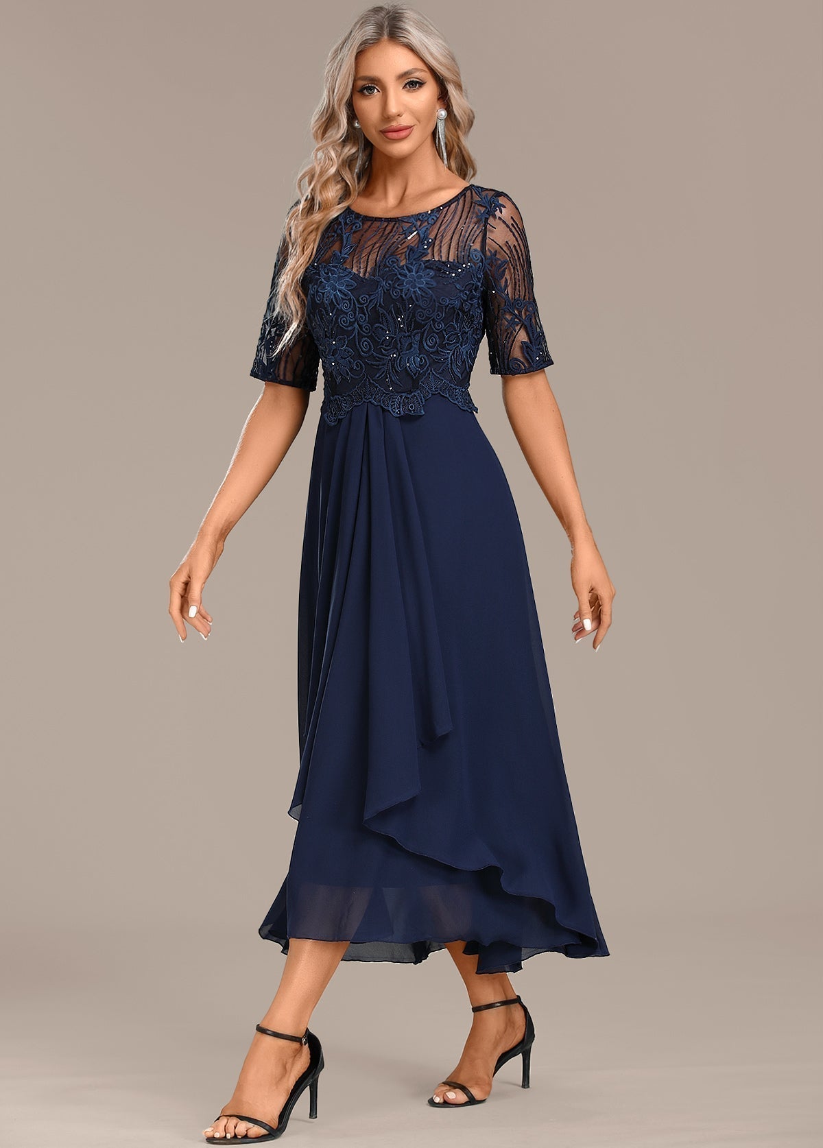 Women's Elegant Floral Lace Chiffon Midi Evening Dress