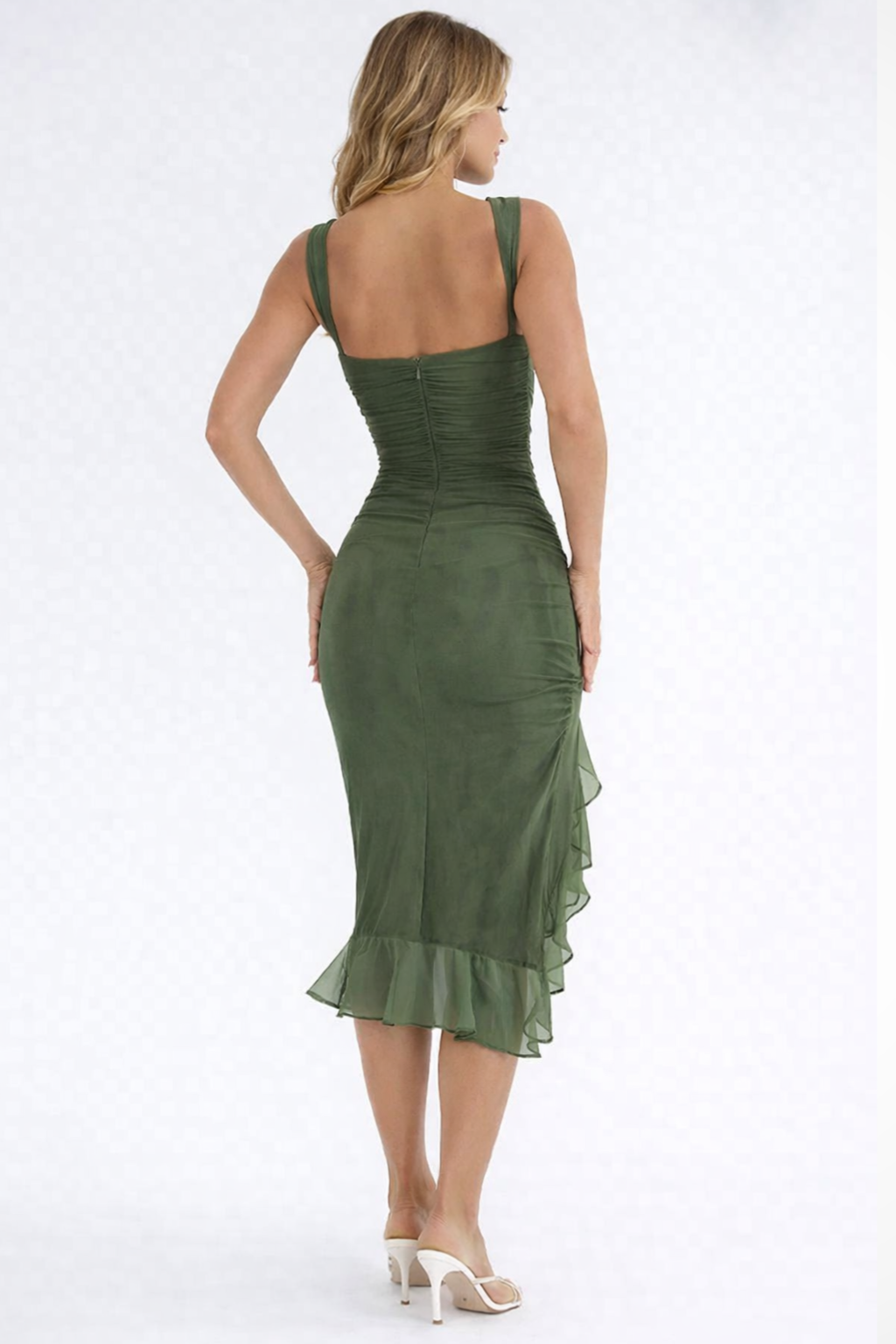 Women’s Sleeveless Ruched Asymmetrical Ruffle Hem Midi Dress