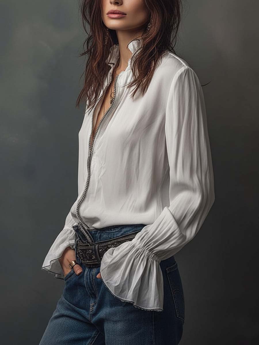 Women's White Zip-Front Blouse Flounce Cuffs