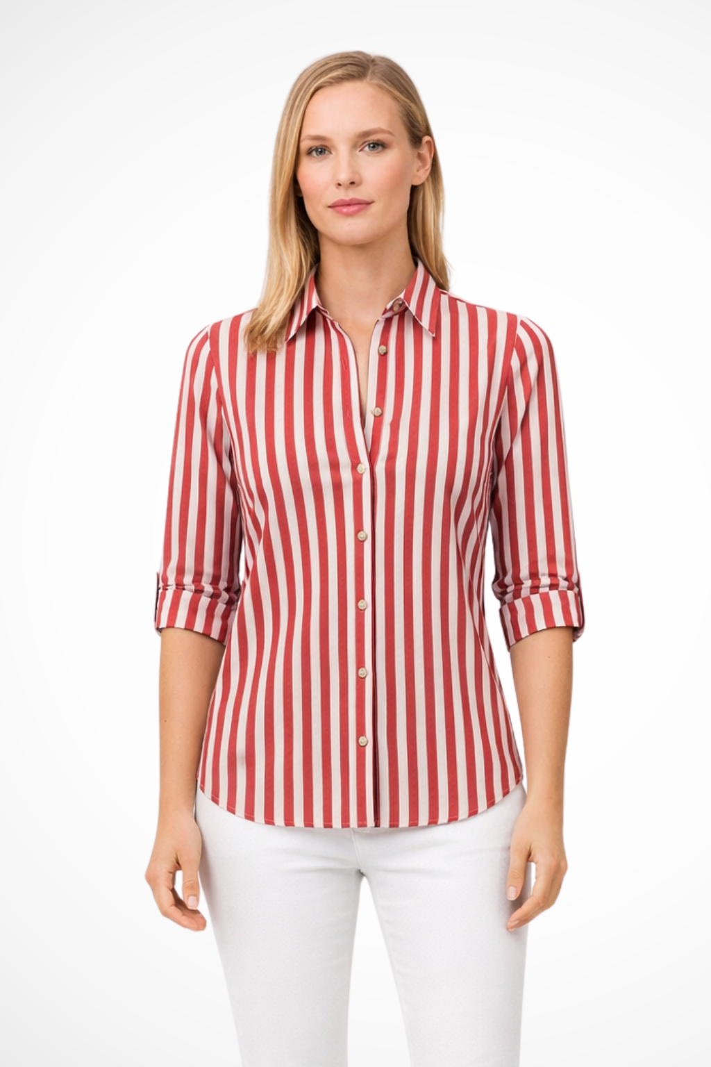 Women’s Chic Vertical Stripe Blouse with Rolled Sleeves