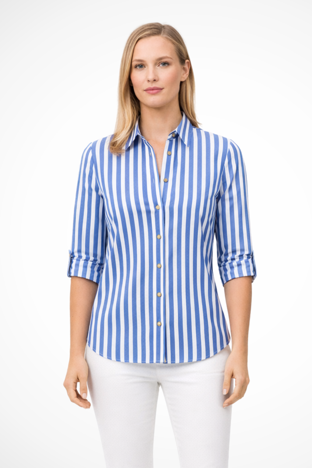 Women’s Chic Vertical Stripe Blouse with Rolled Sleeves