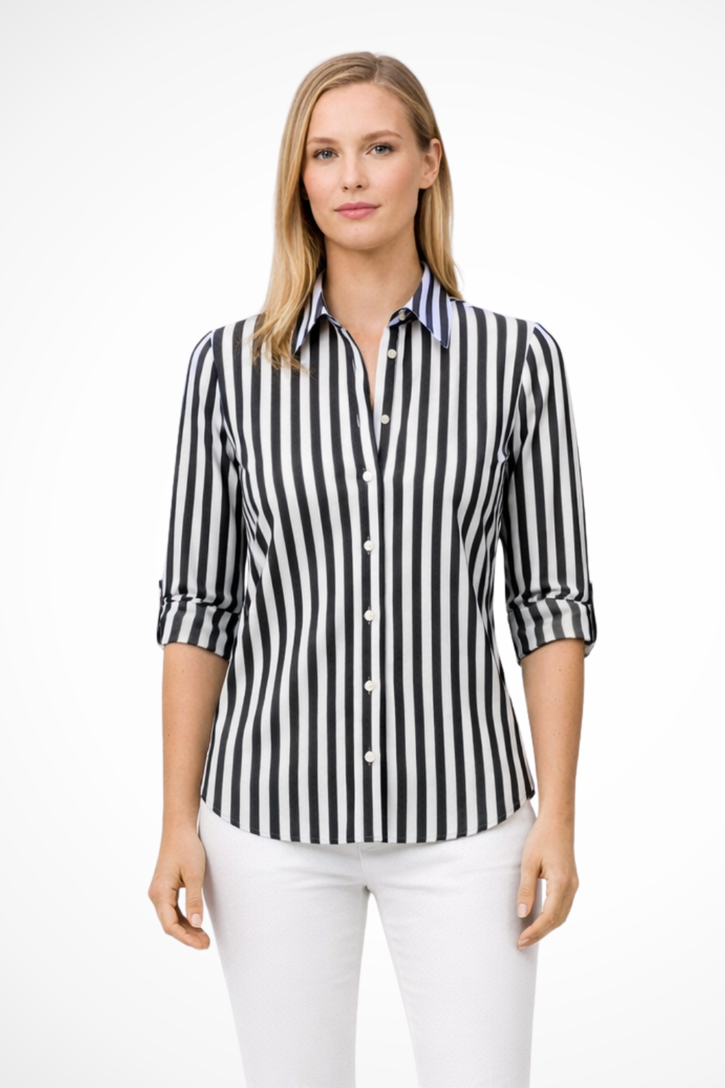 Women’s Chic Vertical Stripe Blouse with Rolled Sleeves