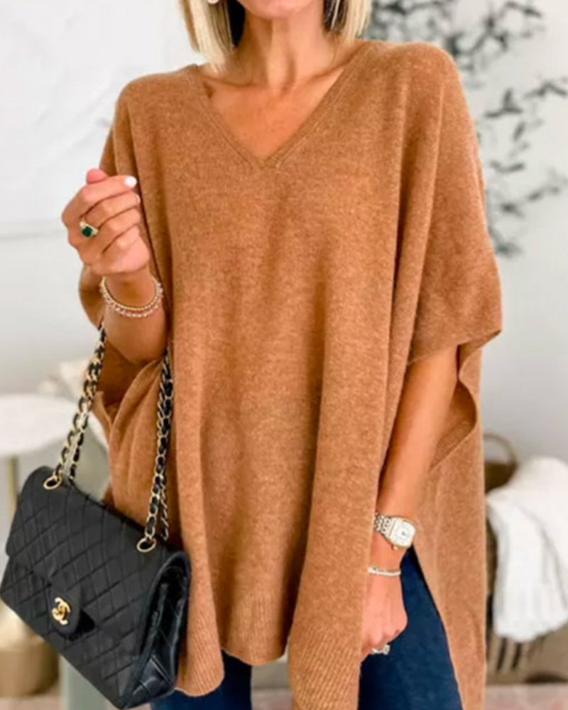 Women's V-Neck Knit Poncho Oversized Sweater