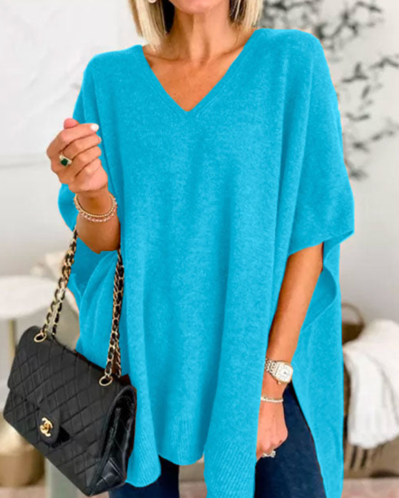 Women's V-Neck Knit Poncho Oversized Sweater
