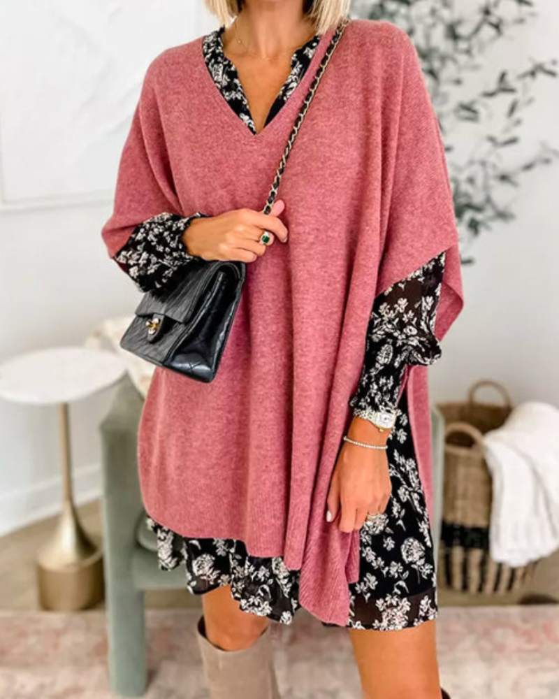 Women's V-Neck Knit Poncho Oversized Sweater