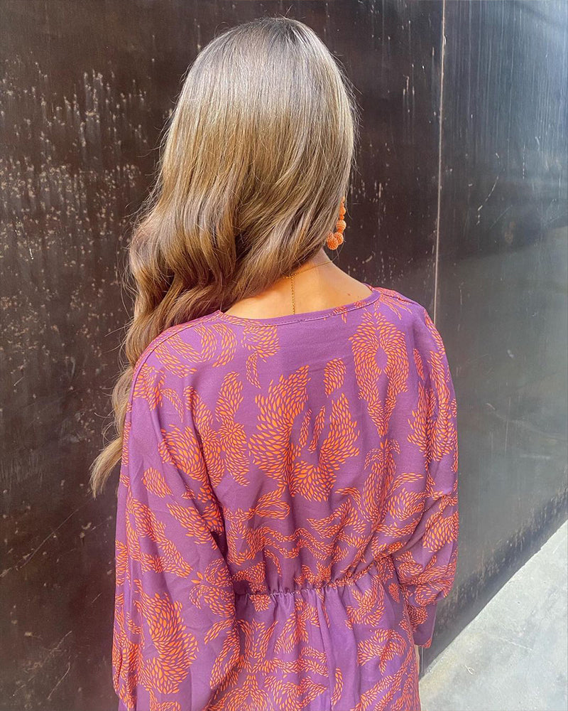 Long Sleeve V-Neck Boho Knot Front Midi Dress