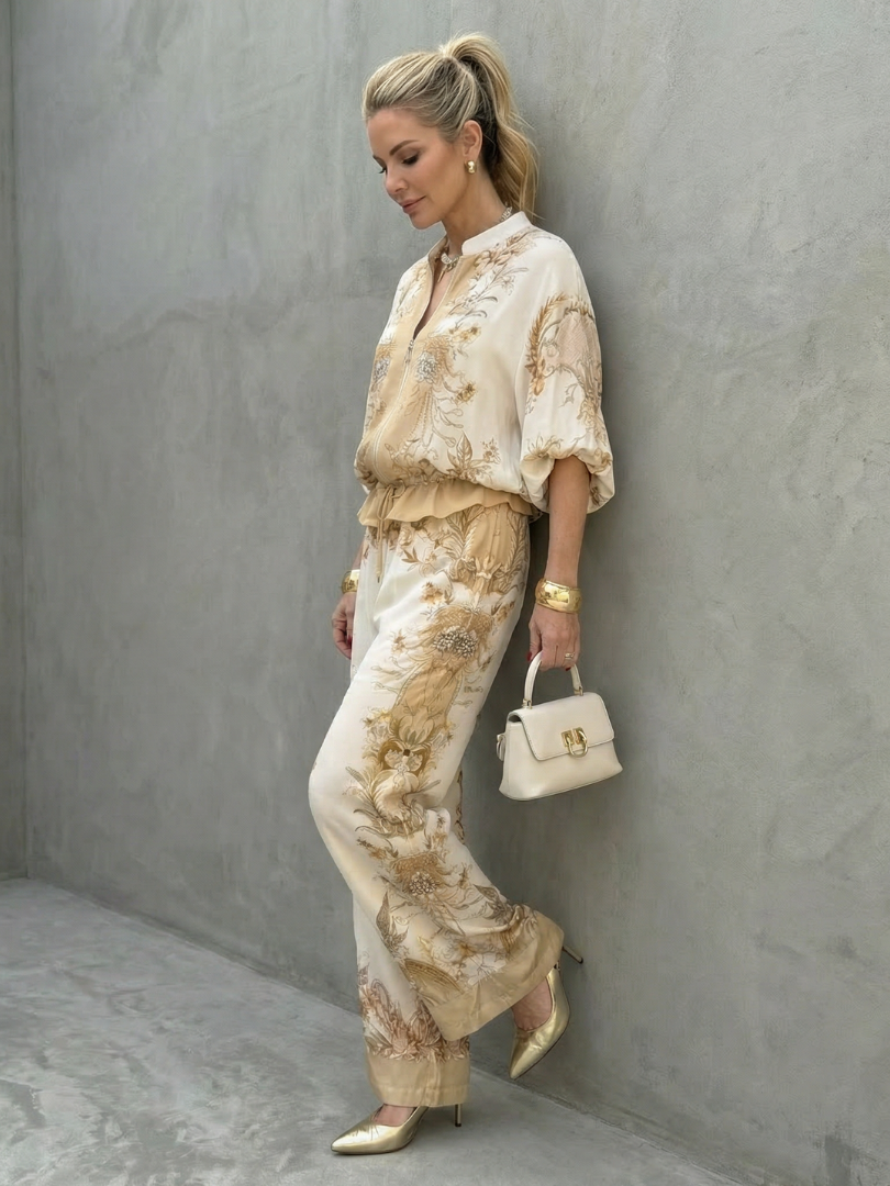 Women's Printed Zip Front Blouson Two Piece Set