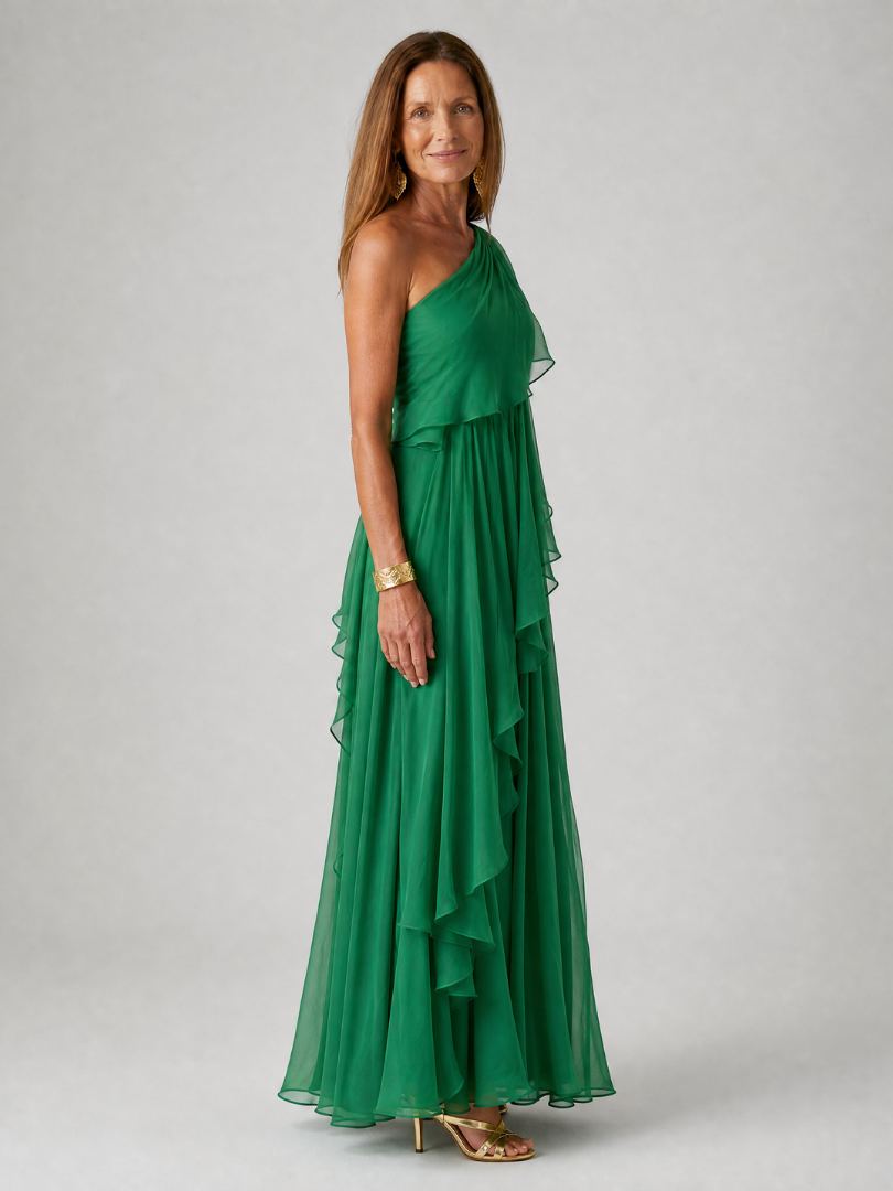 Women’s One Shoulder Maxi Dress with Layered Ruffle Skirt