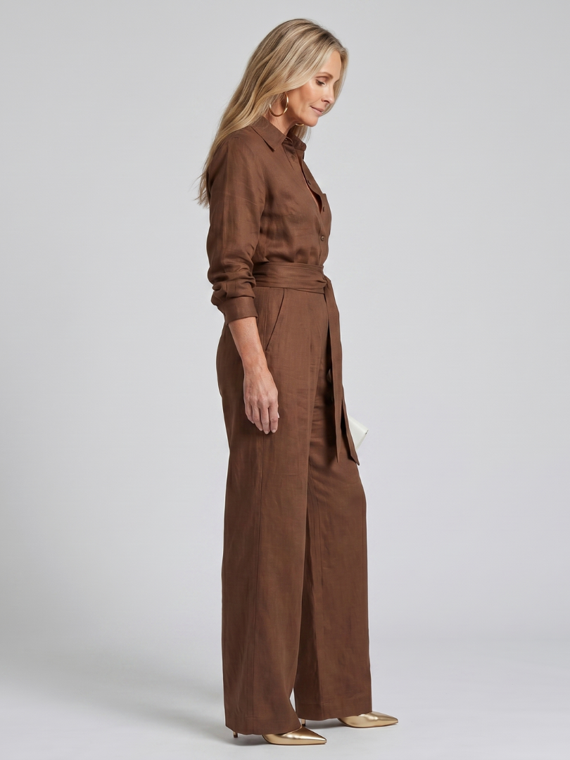 Women's Long Sleeve Button Front Wide Leg Jumpsuit
