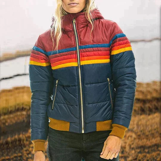 Women's Retro Rainbow Stripe Puffer Jacket