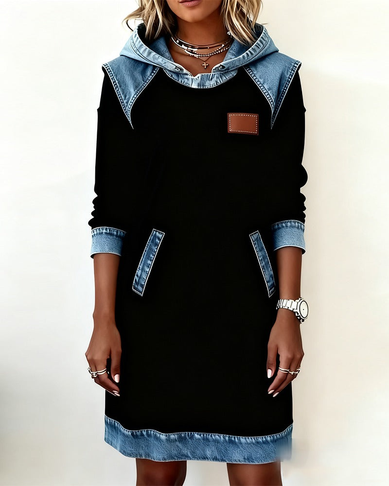 Women's Hooded Denim Trim Sweatshirt Dress