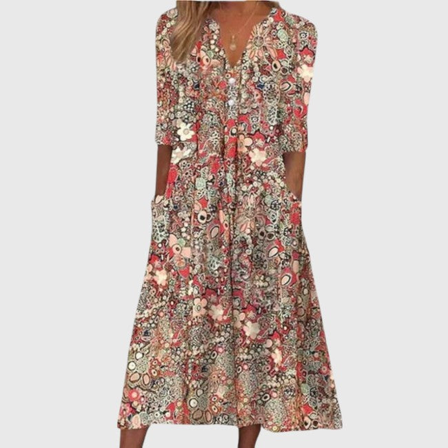 Women's Vintage Floral Print V-Neck Midi Dress