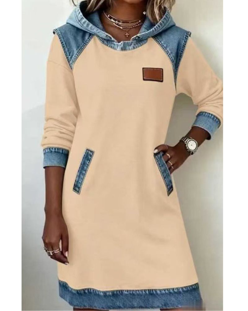 Women's Hooded Denim Trim Sweatshirt Dress