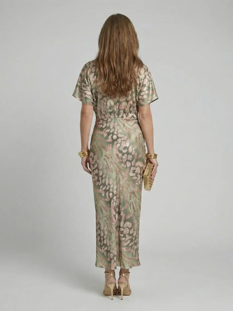 Women's Printed Twist Front Maxi Dress with Flutter Sleeves
