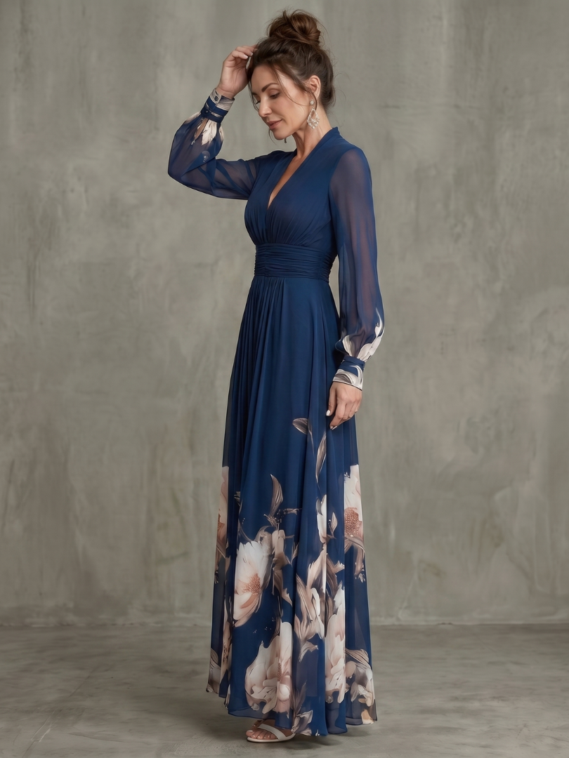 Women's Pleated Maxi Dress with Sheer Sleeves