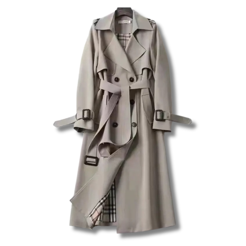 Women's Double-Breasted Belted Trench Coat with Classic Lapel