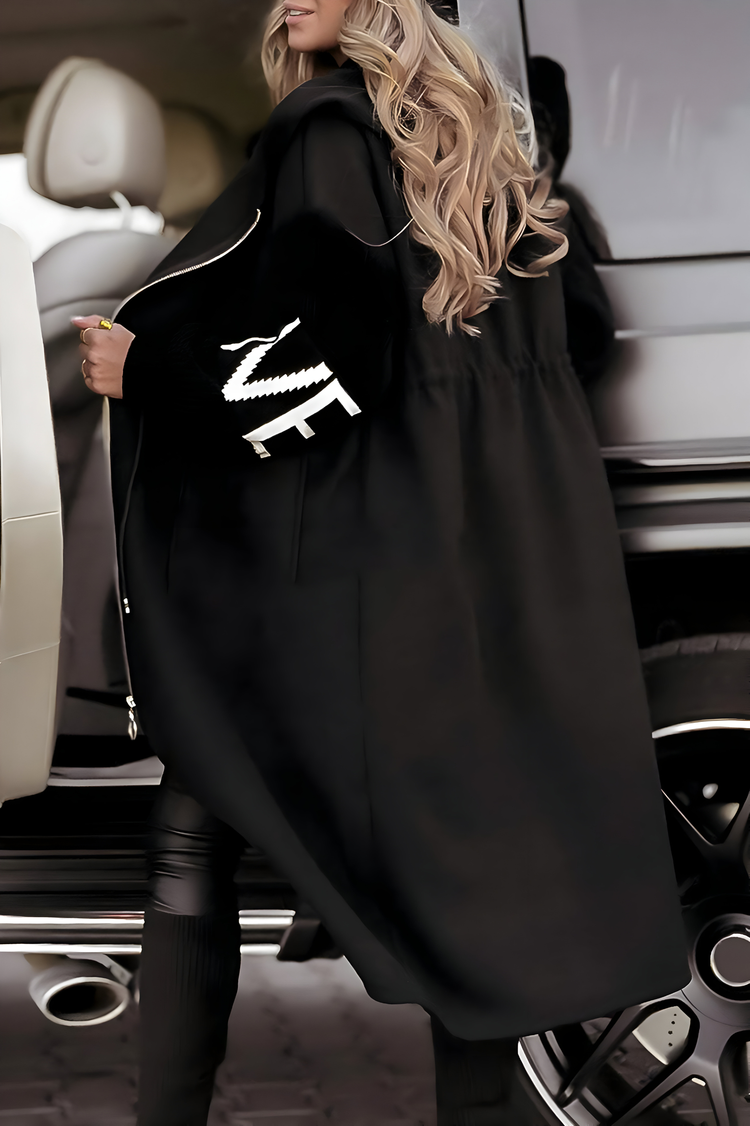 Women's Long Hooded Zip Coat with Contrast Sleeve Detail