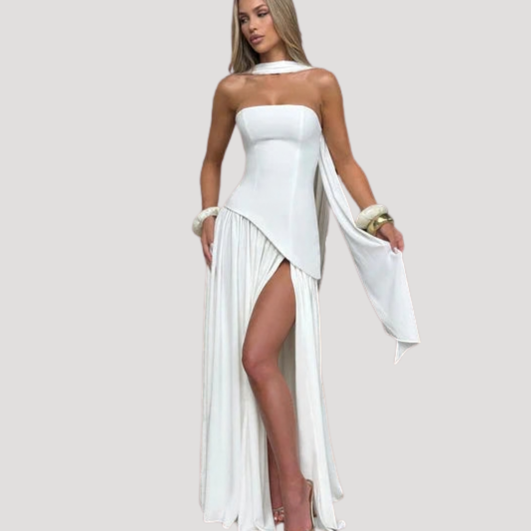 Women's Strapless High-Slit Evening Maxi Dress with Scarf Detail