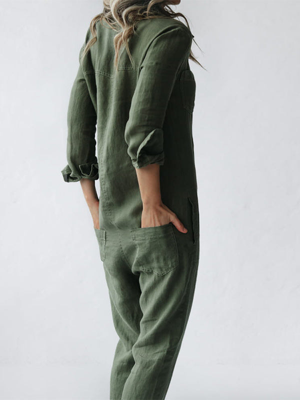 Relaxed Long Sleeve Button Front Utility Jumpsuit