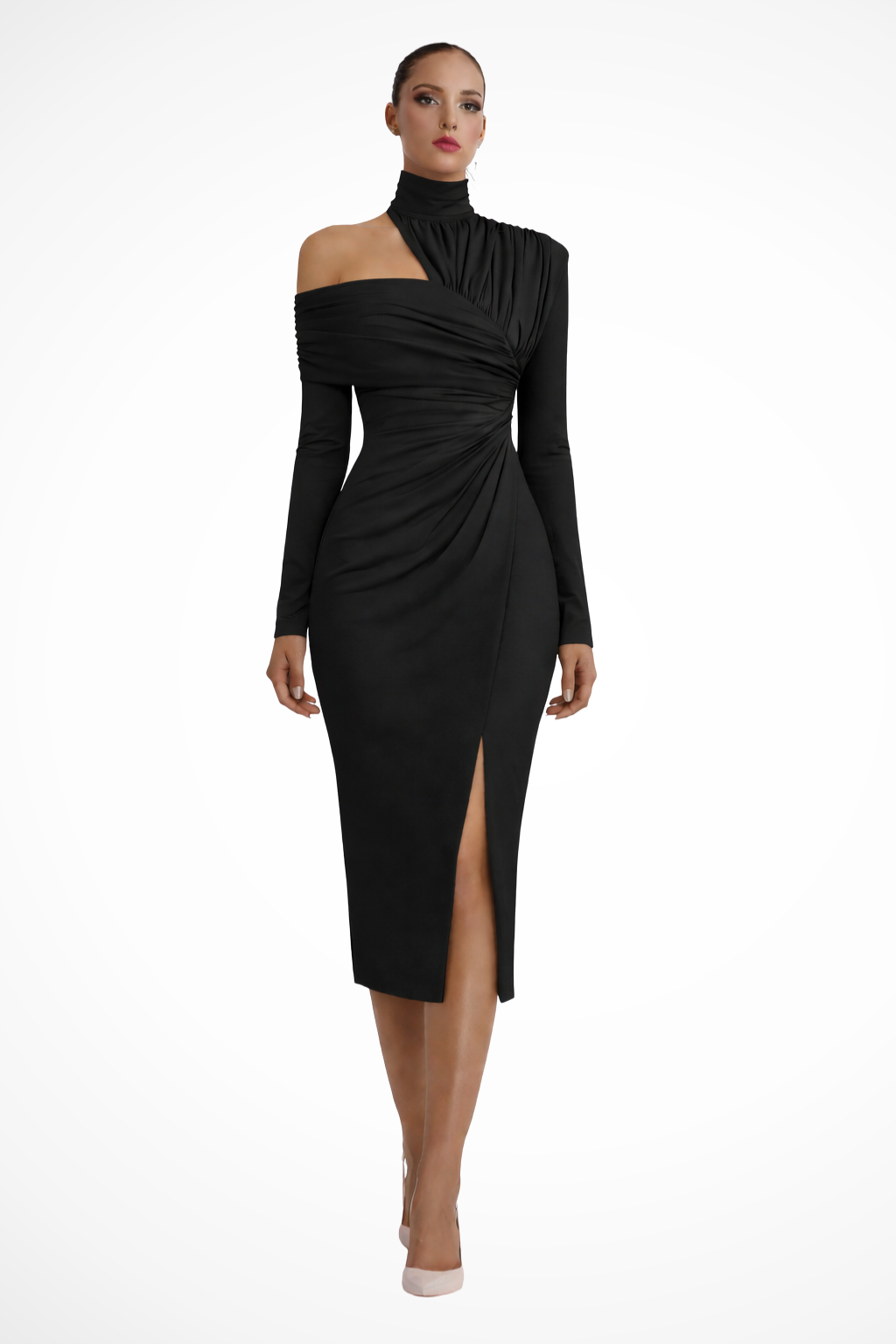 One-Shoulder Ruched Midi Dress for Women with Bodycon Silhouette