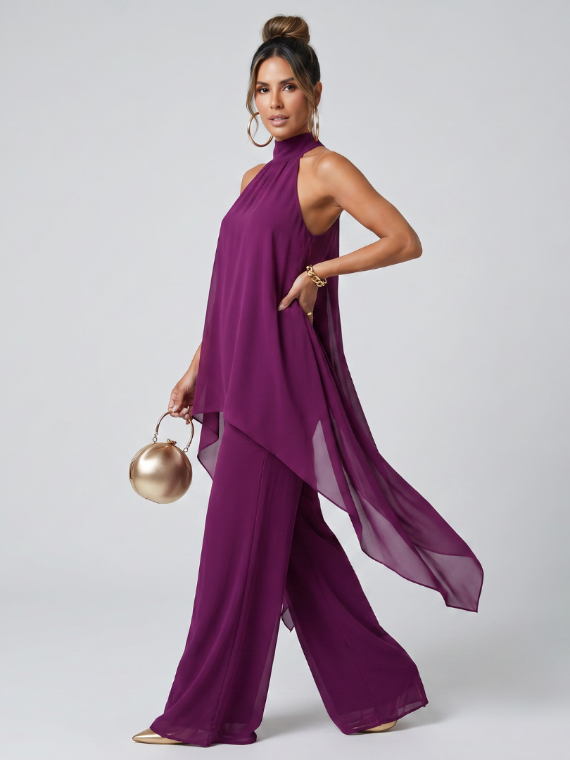 Women's Halter Neck Layered Top & Wide Leg Pants Set