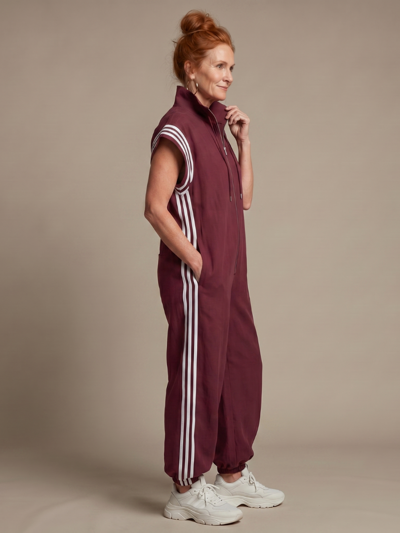 Women's Retro Zip-Up Jumpsuit with Side Stripes