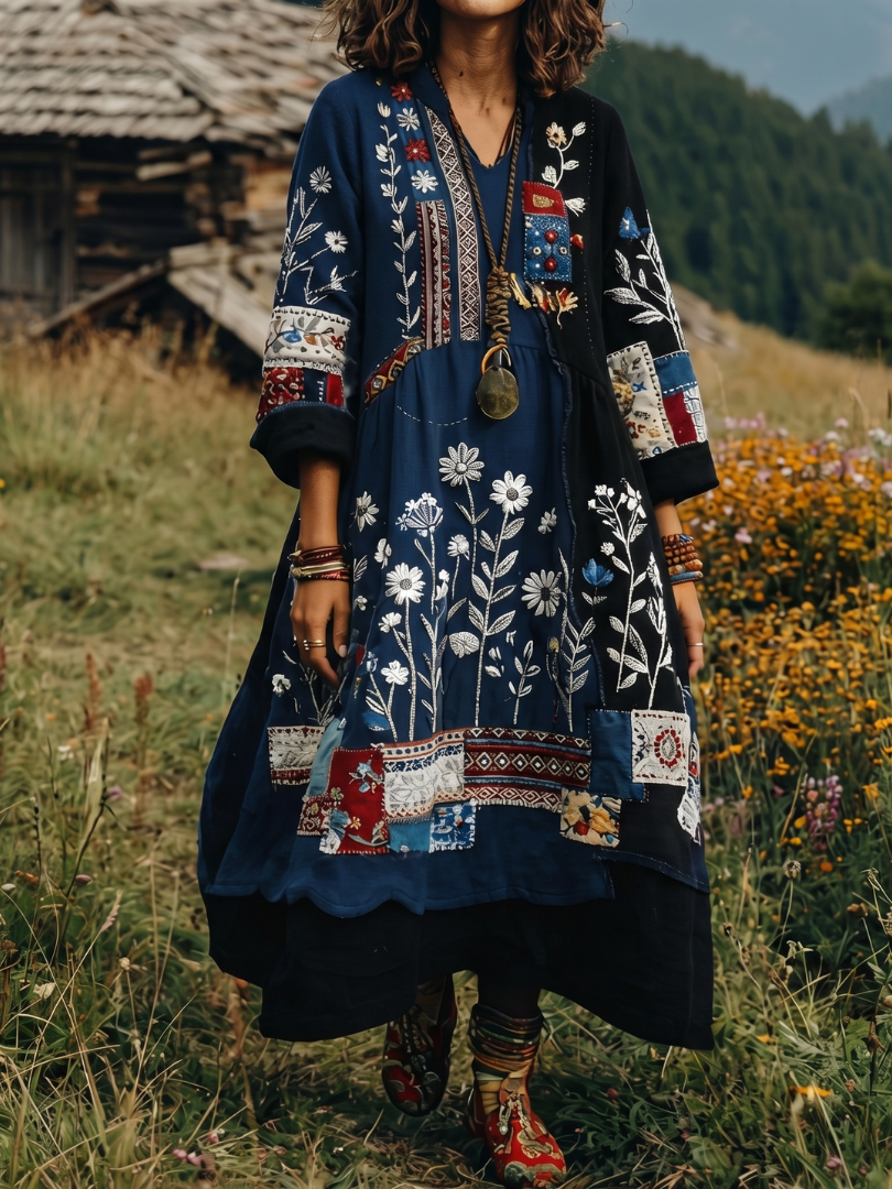 Women's Bohemian Floral Print Long Sleeve Midi Dress