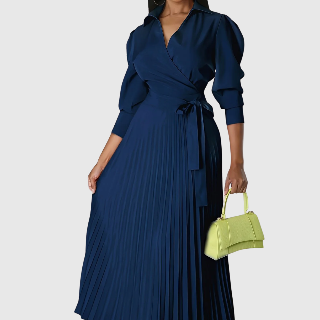 Women's Pleated Wrap Maxi Dress with Tie Waist