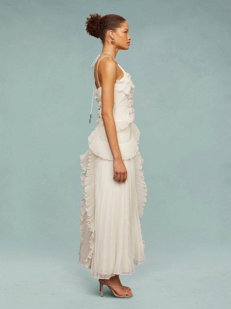 Women’s One-Shoulder Ruffle Maxi Dress with Pleated Asymmetrical Hem