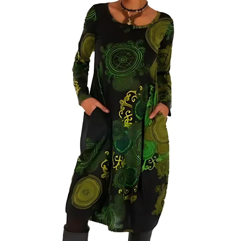 Women's Bohemian Abstract Print Midi Dress with Pockets