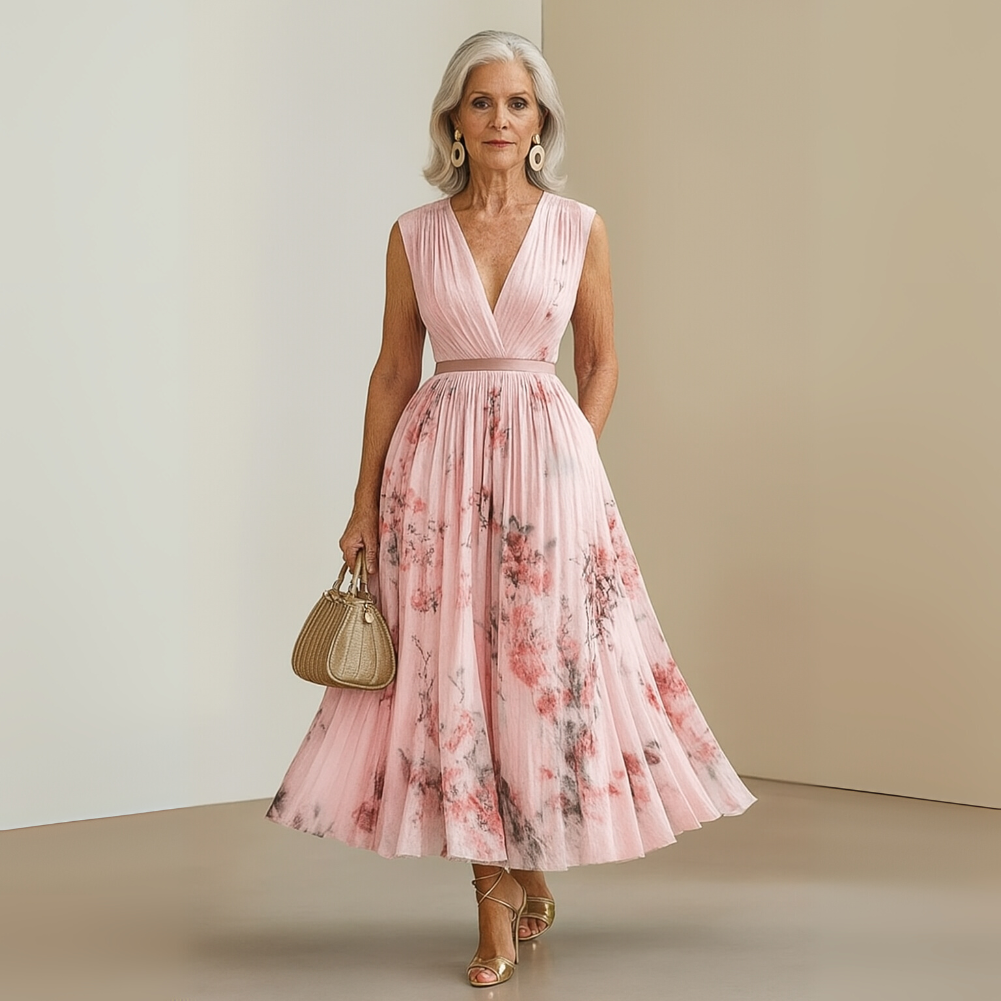 Sleeveless Floral V-Neck Pleated Midi Dress with Defined Waist