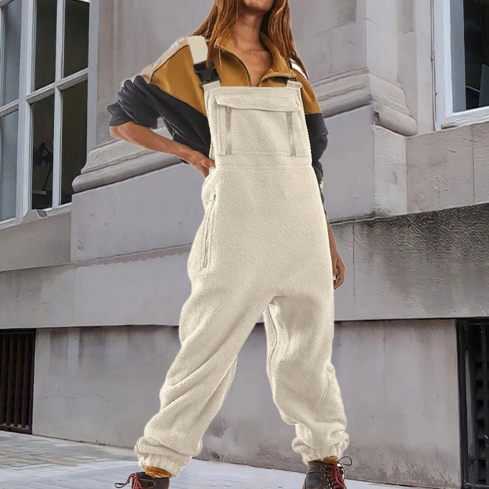 Women's Cozy Fleece Bib Jumpsuit with Adjustable Straps