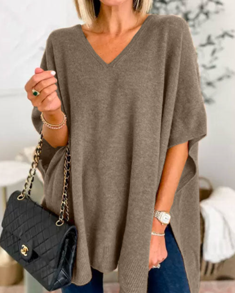 Women's V-Neck Knit Poncho Oversized Sweater