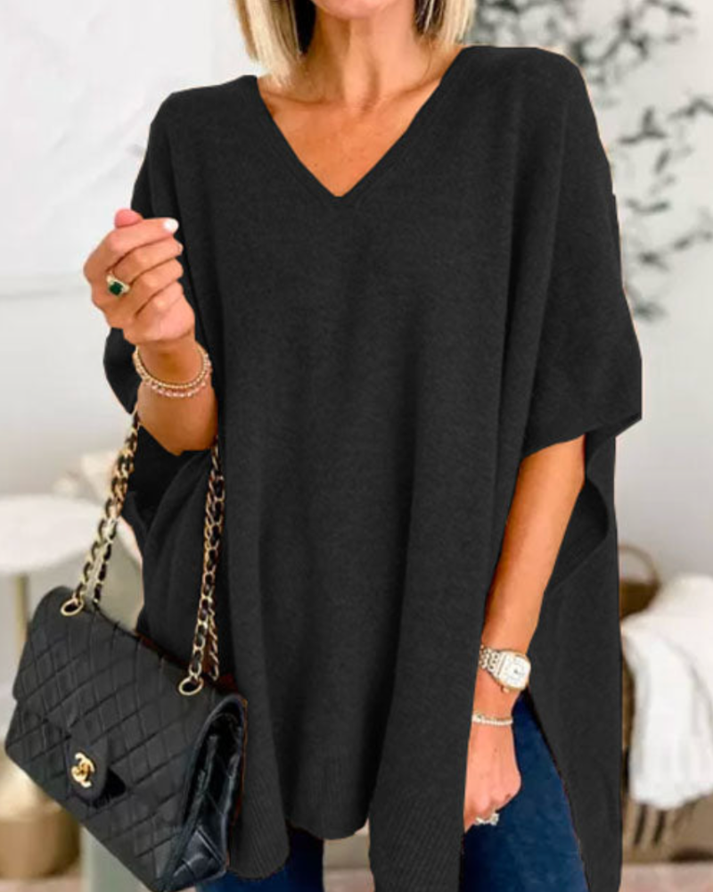 Women's V-Neck Knit Poncho Oversized Sweater