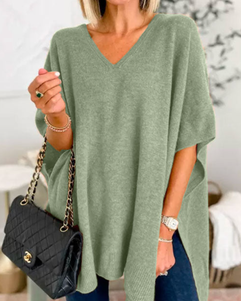 Women's V-Neck Knit Poncho Oversized Sweater