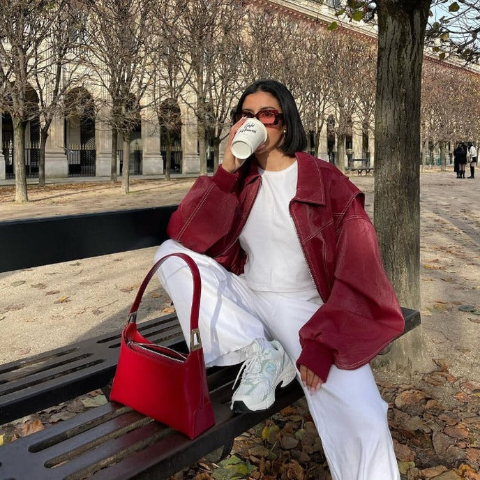 Women's Oversized Red Faux Leather Bomber Jacket