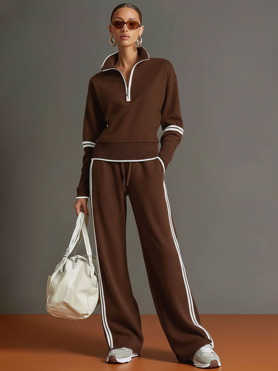 Women's Half-Zip Collared Sweatshirt & Wide-Leg Trouser Set