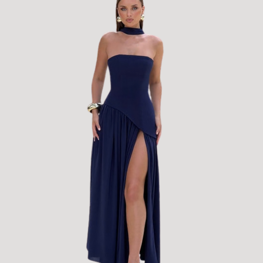 Women's Strapless High-Slit Evening Maxi Dress with Scarf Detail