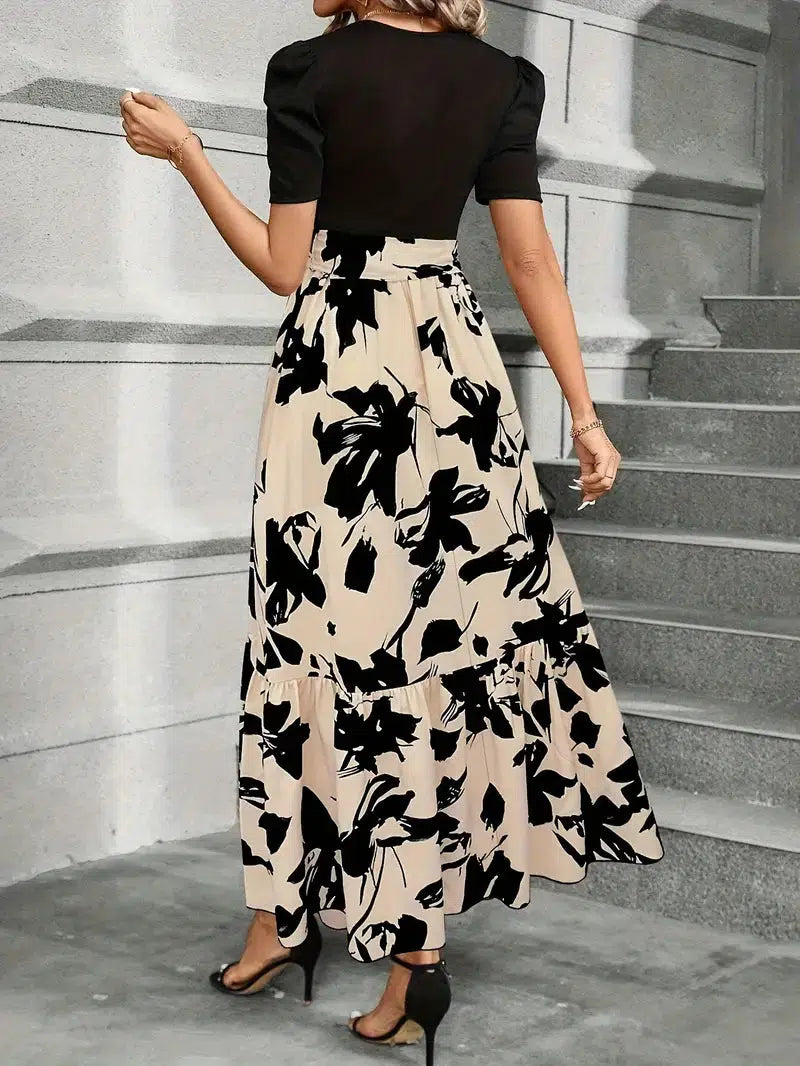 Women’s Elegant Floral Print Maxi Dress with Puff Sleeves