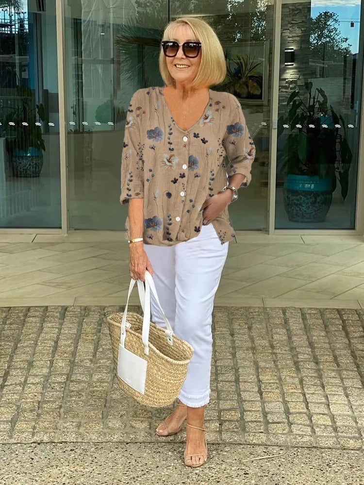 Women's Floral V-Neck Blouse with Three-Quarter Sleeves