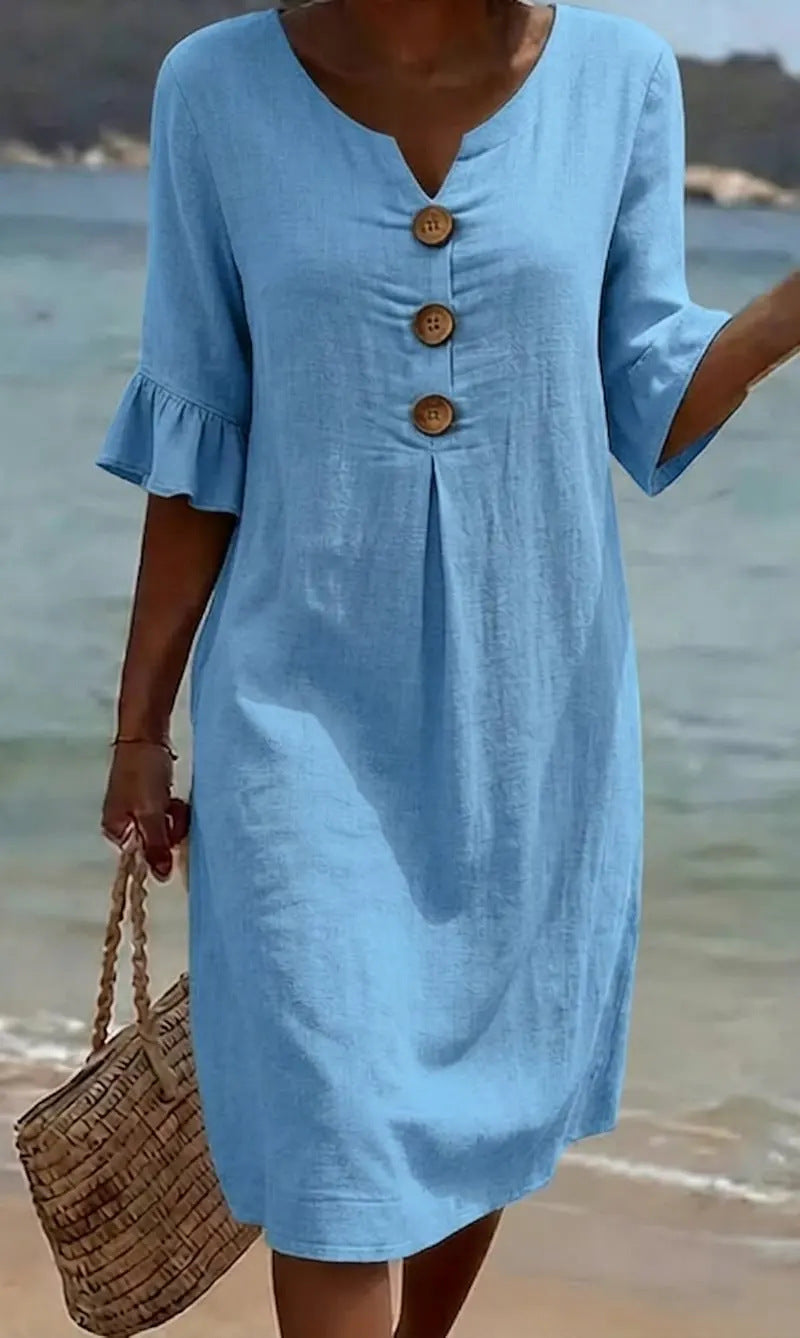 Women's V-Neck Button Ruffle Cuff Midi Dress
