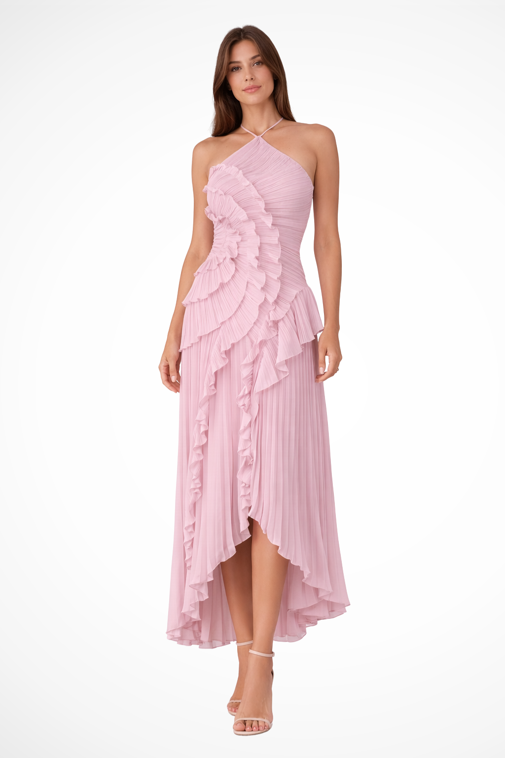 Women's Sleeveless Halter Backless Cascading Ruffle Maxi Dress