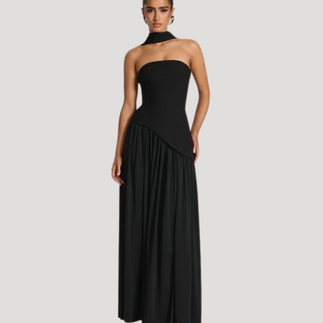 Women's Strapless High-Slit Evening Maxi Dress with Scarf Detail