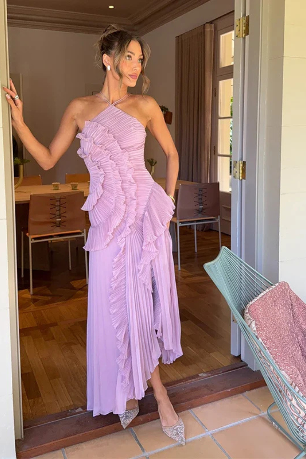 Women's Sleeveless Halter Backless Cascading Ruffle Maxi Dress