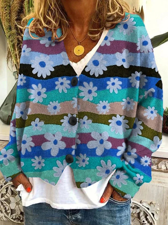 Women’s Floral Stripe Button Cardigan Sweater