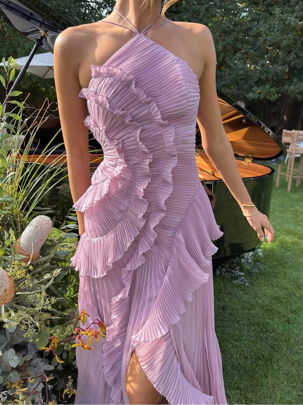Women’s One-Shoulder Ruffle Maxi Dress with Pleated Asymmetrical Hem