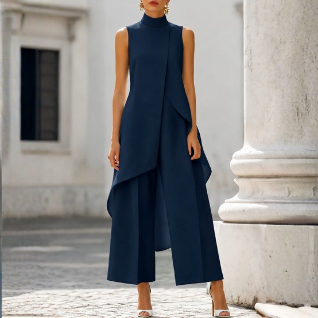 Women's Sleeveless Turtleneck Asymmetric Drape Jumpsuit