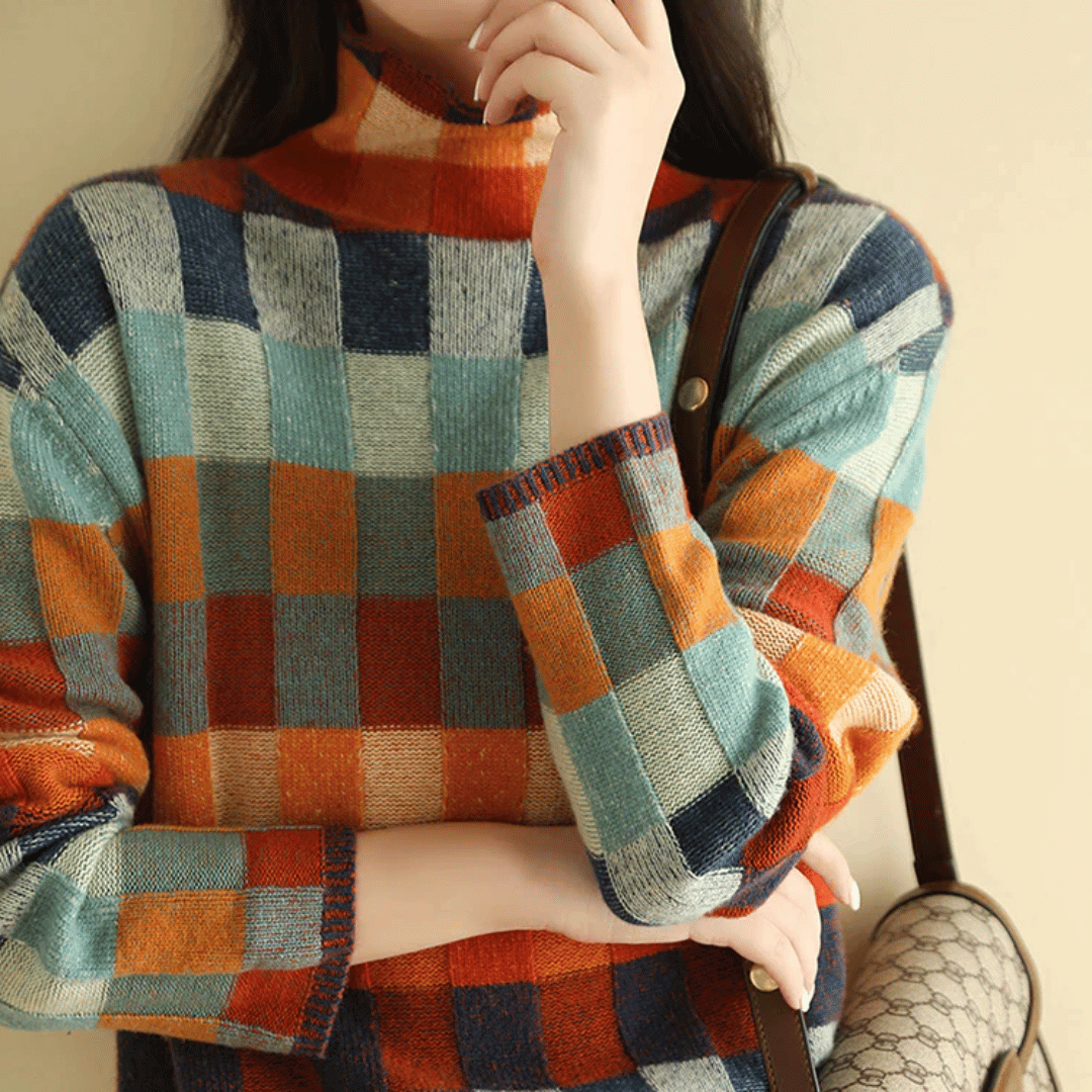 Stylish Women's Turtleneck Sweater with Patchwork Design