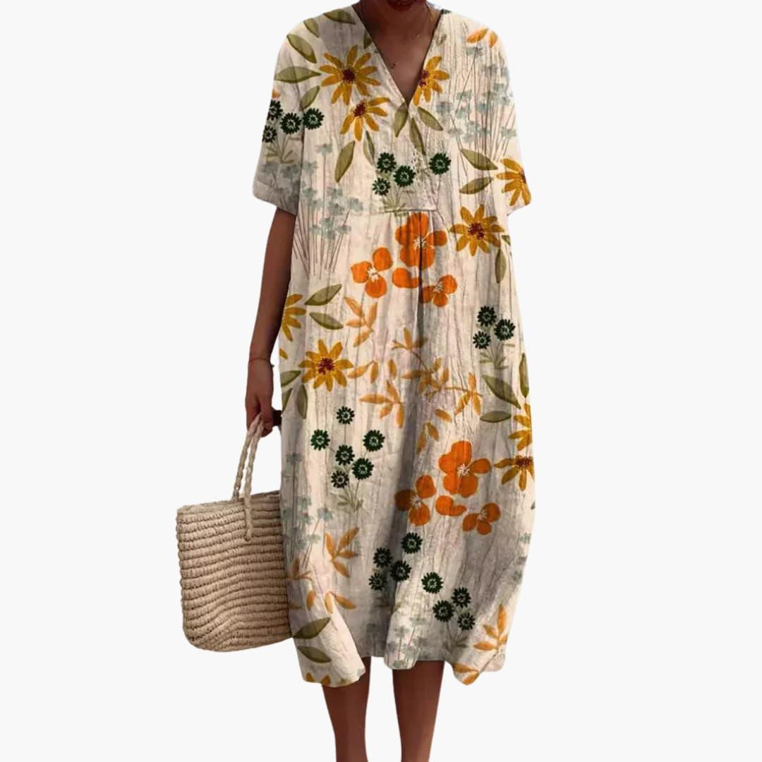 Women's Floral Print Relaxed Midi Dress with Pockets