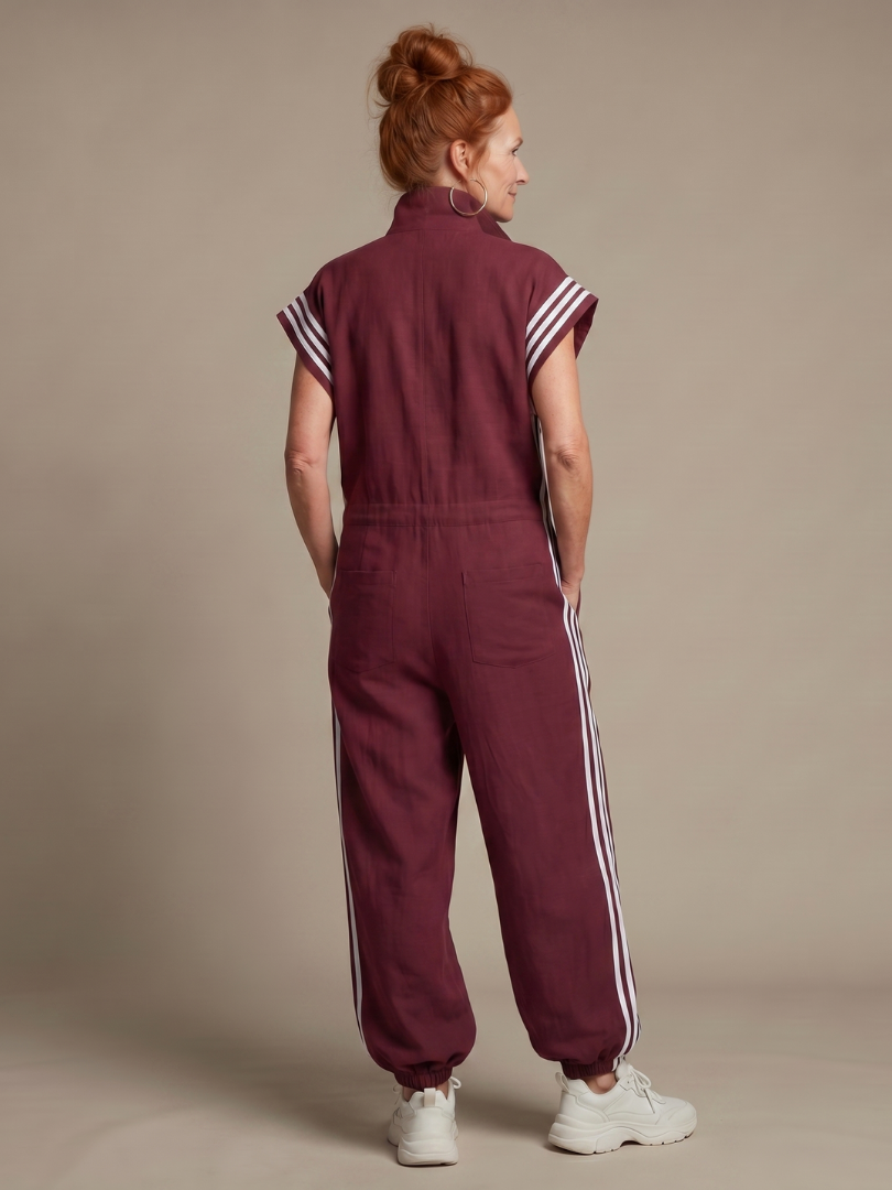 Women's Retro Zip-Up Jumpsuit with Side Stripes